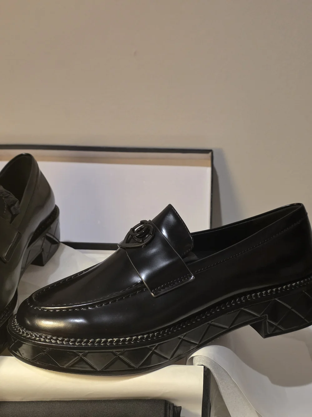 CHANEL Black Quilted-Platform Leather Loafers
